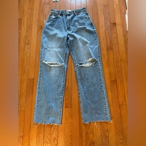 A brand Women's Distressed high rise relaxed fit Straight Leg Jeans - Blue